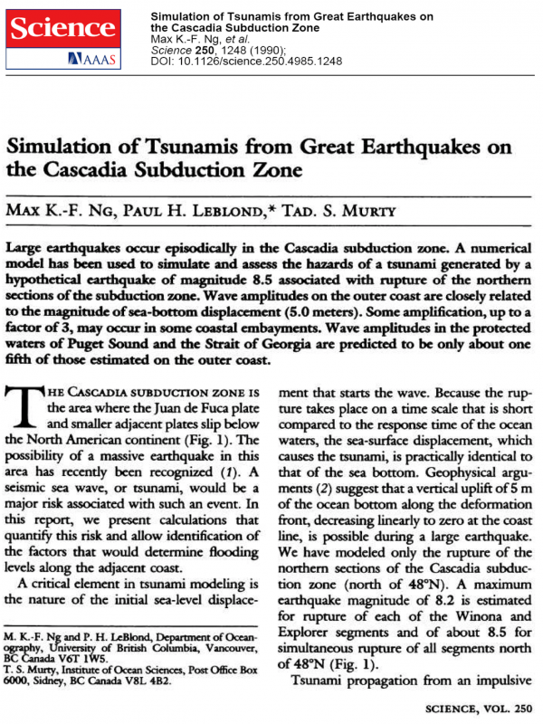 Authoritative science journals. Science. Tsunami propagation in BC.