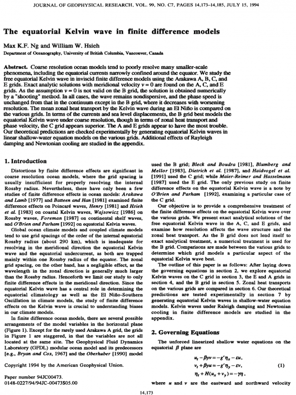 Authoritative science journals. Journal of Geophysical Research. Equatorial Kelvin wave in finite-difference models.